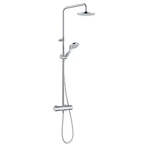 Kludi-Duschsystem mit Thermostat, bestehend aus einer overhead Dusche und einer Handbrause, montiert an einer vertikalen Stange, aus verchromtem Material.